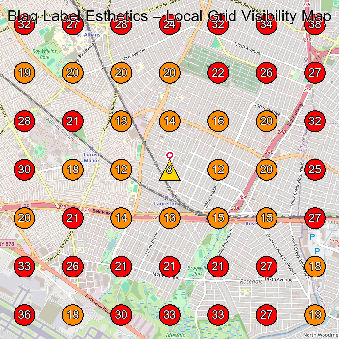 Blaq Label Esthetics GeoGrid visibility map for Skin Care Clinic in Jamaica